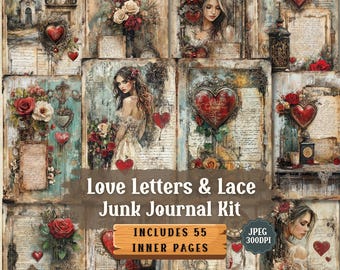 Op de afbeelding: Een digitale junk journal kit met 55 pagina's met vintage-geïnspireerde afbeeldingen van harten, bloemen en vrouwen. De kit bevat de tekst "Love Letters & Lace Junk Journal Kit" en "Includes 55 Inner Pages".