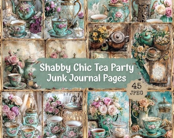 Puede incluir: Un collage de 10 páginas de álbum de recortes digitales con tazas de té, teteras y arreglos florales vintage. Las páginas están diseñadas para usar en diarios de chatarra y presentan una estética shabby chic.