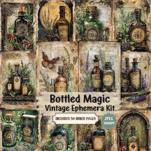 Kit di effimeri vintage in bottiglia magica / Diario vintage di scarto / Foglio di collage di effimeri in carta shabby chic per scrapbooking / 50 JPEG.