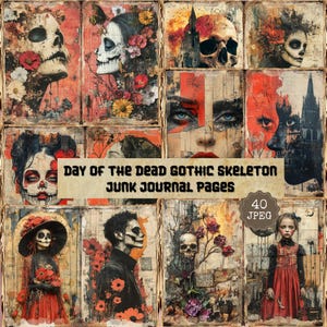 Day of the Dead Gothic Skeleton Junk Journal Pages– Vintage Skull Portrait with Red Flowers, Halloween Dia de los Muertos Printable Art, JPG