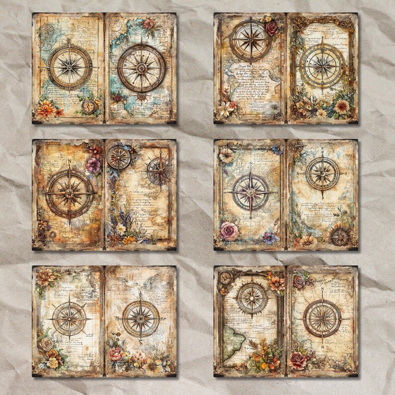 Vintage Compass Map Junk Journal Pages: Shabby Chic Ephemera (40 JPEG ...