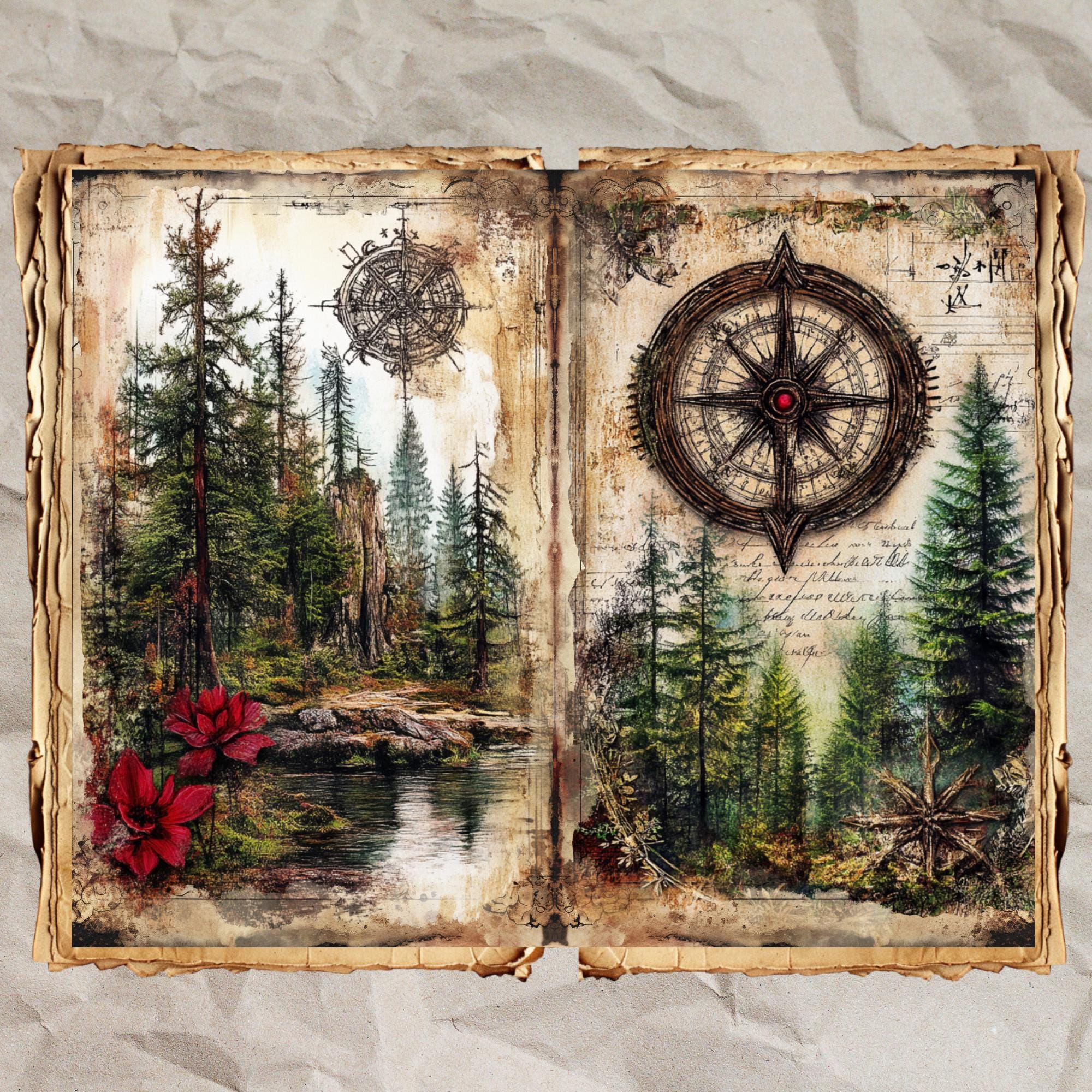 Vintage Forest Path Junk Journal Pages | Evergreen Woodland Trails, Red ...