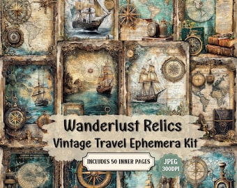 Puede incluir: Un kit de collage digital con elementos de viaje vintage. El kit incluye 50 páginas interiores con imágenes de barcos, mapas, brújulas y otros elementos náuticos. El kit es perfecto para scrapbooking, creación de tarjetas y otros proyectos creativos.