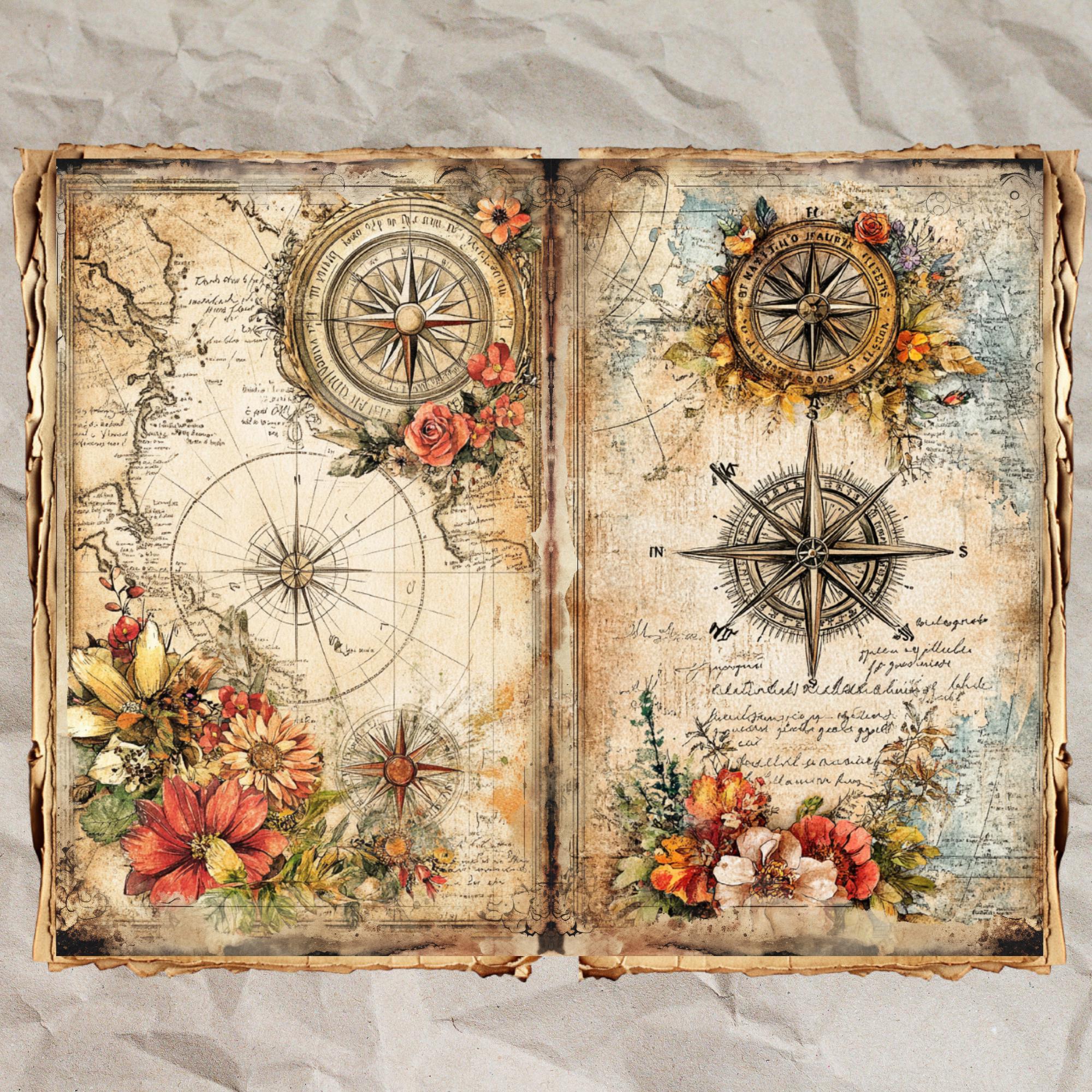 Vintage Compass Map Junk Journal Pages: Shabby Chic Ephemera (40 JPEG ...