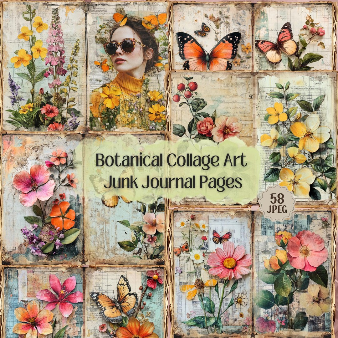 Botanical Collage Junk Journal Pages: Vintage Floral Ephemera (58 JPEG ...