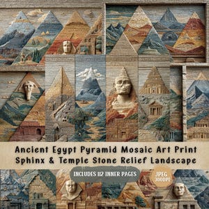 May include: A mosaic art print depicting ancient Egyptian pyramids and landscapes. The artwork includes images of the Sphinx, temples, and pyramids. The print is composed of triangular sections with various colours and textures. The text on the print reads "Ancient Egypt Pyramid Mosaic Art Print Sphinx & Temple Stone Relief Landscape."