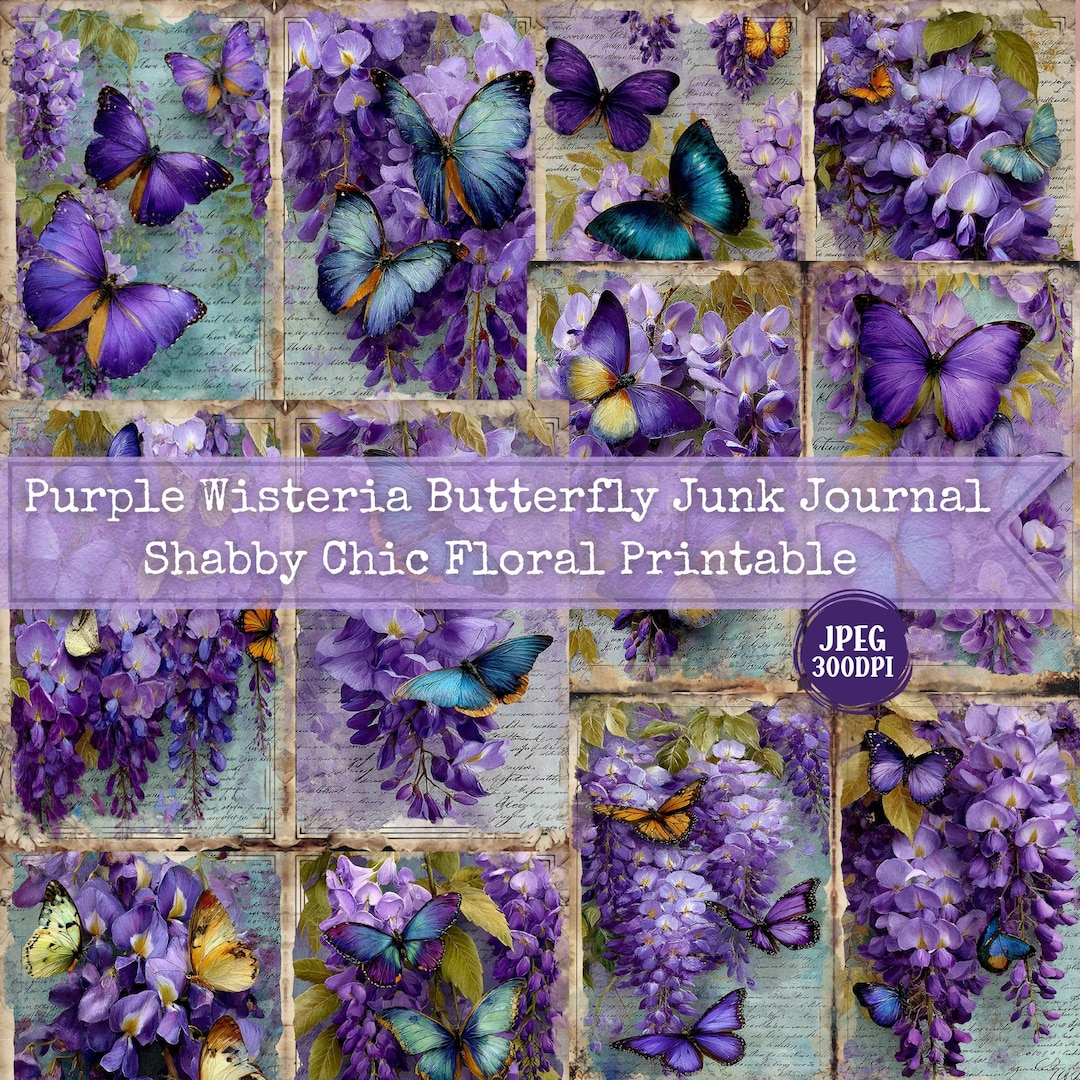 Purple Wisteria Butterfly Junk Journal Pages | Shabby Chic Printable ...