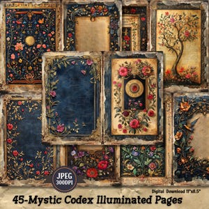 Puede incluir: Una descarga digital de imágenes de 11x8,5 pulgadas que presenta 45 páginas de páginas de manuscritos iluminados vintage, adornadas, con diseños florales y acentos dorados. Las páginas están en un esquema de color azul oscuro y dorado con un aspecto desgastado y envejecido. El texto "45-Mystic Codex Illuminated Pages" está en la parte inferior de la imagen.
