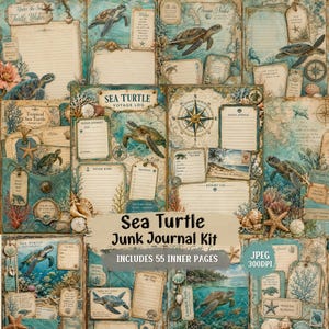 May include: A Sea Turtle Junk Journal Kit featuring 55 inner pages with vintage-style illustrations of sea turtles, coral reefs, seashells, and nautical compasses. The pages include lined writing areas, ocean-themed labels, and text.