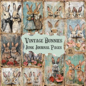 Vintage Bunnies Junk Journal Pages: Shabby Chic Rabbit Kit (45 JPEG)