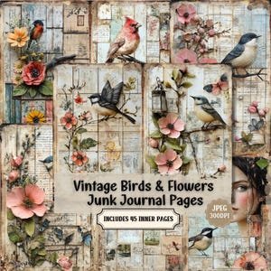 Vintage Birds & Flowers Junk Journal Pages: Shabby Chic Ephemera (JPG Digital Download)
