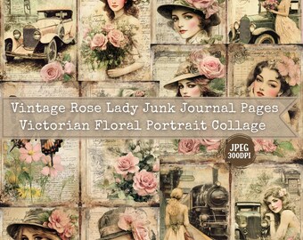 Vintage Rose Lady Junk Journal Seiten | Shabby Chic Ephemera (60 JPG)