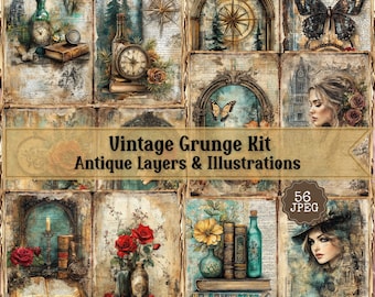 Vintage Grunge Junk Journal Kit: Shabby Chic Ephemera (56 JPEG)