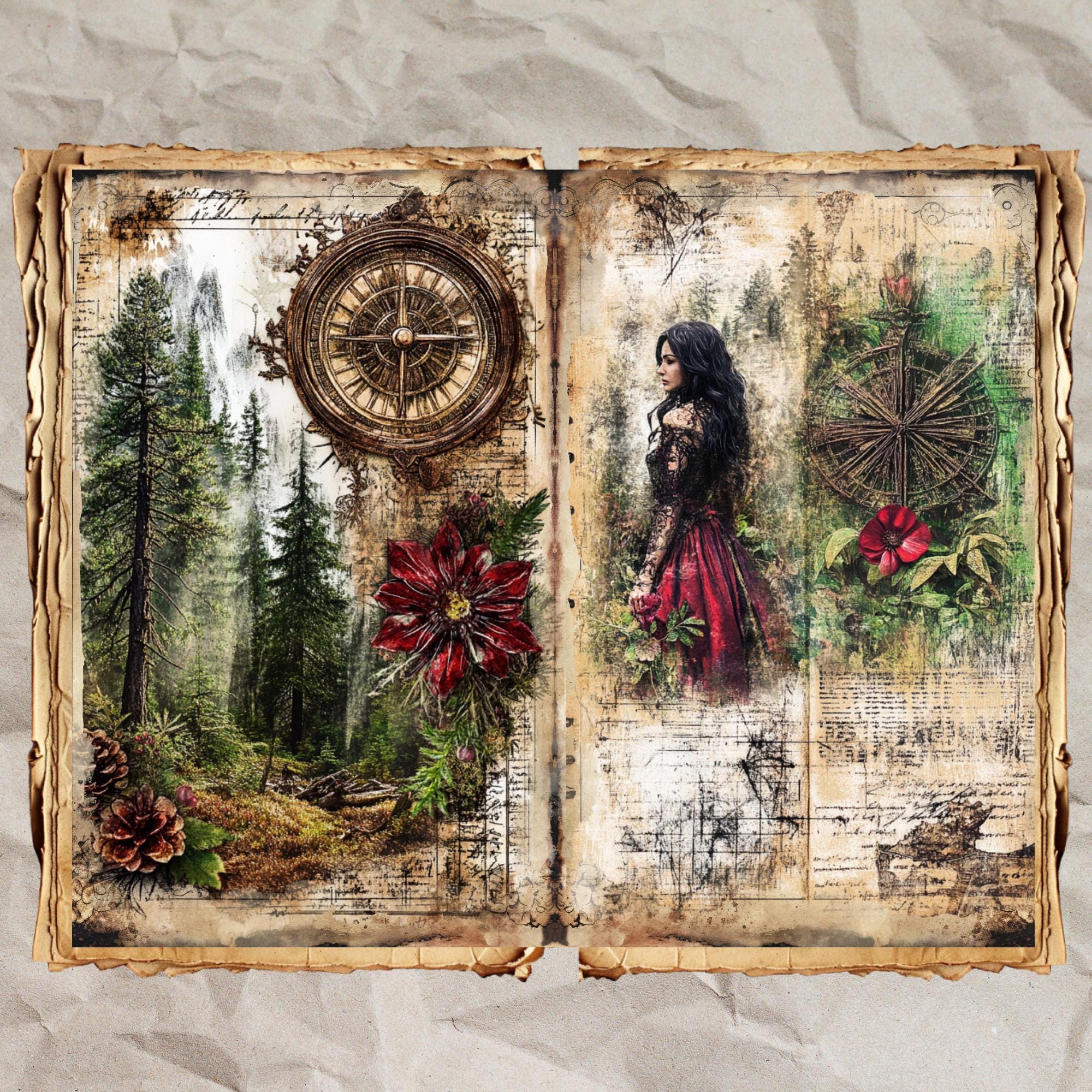 Vintage Forest Path Junk Journal Pages | Evergreen Woodland Trails, Red ...