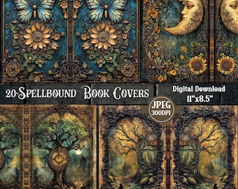 May include: Twenty digital book covers with a fantasy theme. The covers feature intricate designs with butterflies, moons, trees, and clocks. The covers are 11 inches by 8.5 inches and are 300 DPI.