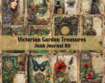 May include: A digital collage kit featuring 54 images of vintage botanical illustrations, butterflies, and antique book pages. The kit is titled "Victorian Garden Treasures Junk Journal Kit".