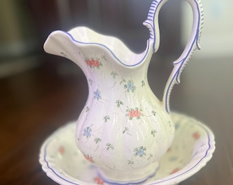 Vintage L. Pardi Italian Hand-Painted Bowl & Pitcher Set – Floral, Scalloped Edge, Signed, Rare