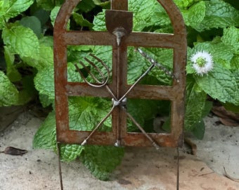 Miniature Rustic Fairy Garden Gate Decorated with Tools