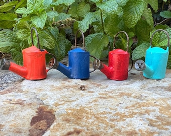 Miniature Watering Cans in Orange, Blue, Red, and Teal