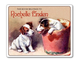 Personalized Bookplates - Vintage Puppy Playmates in Flower Pot - Ex Libris Childrens Books