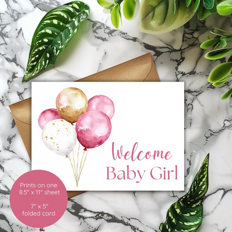Printable New Baby Girl Card With Watercolor Balloons Digital Download - Etsy