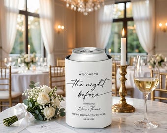 Enfriador de latas personalizado para la cena de ensayo, recuerdo para la noche anterior a la boda, portavasos minimalista personalizado, recuerdos para la fiesta de bodas estilo boho.