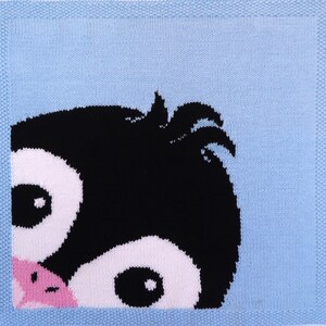 Può includere: Primo piano di una copertina per neonati in maglia con un design di pinguino bianco e nero. L'occhio del pinguino è visibile e un piccolo naso rosa spunta da dietro la testa del pinguino. La copertina è di colore azzurro.