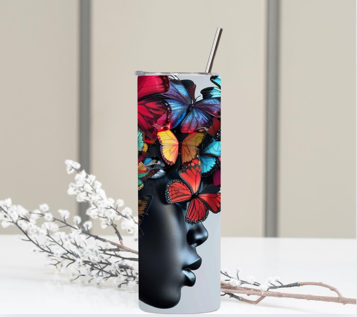 Cassie- Butterfly Tumbler: Black Woman Afrocentric Travel Mug