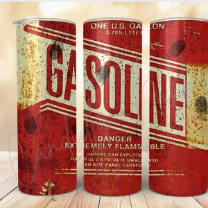 May include: A red, white, and yellow metal tumbler with a vintage-style design. The tumbler features the word "GASOLINE" in large, bold letters and a warning label that reads "DANGER EXTREMELY FLAMMABLE". The tumbler is approximately 3.785 liters in size.