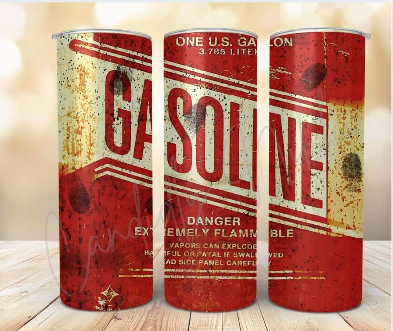 May include: A red, white, and yellow metal tumbler with a vintage-style design. The tumbler features the word "GASOLINE" in large, bold letters and a warning label that reads "DANGER EXTREMELY FLAMMABLE". The tumbler is approximately 3.785 liters in size.