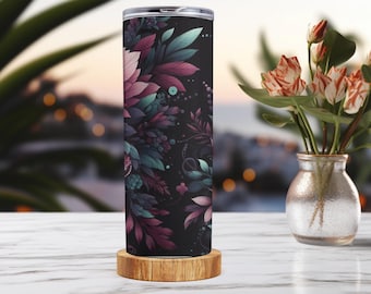 Dark Floral Stainless Steel Tumbler: Elegant Travel Mug Gift