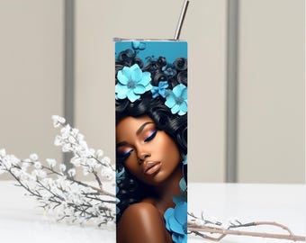 Juaneta- Floral Black Woman Tumbler: Afrocentric Travel Mug