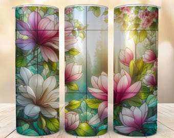Magnolia Stained Glass Tumbler: Floral Insulated Stainless Steel Cup