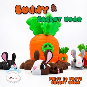May include: A whimsical 3D-printed bunny and carrot home set. The orange carrot house has green leaves and a green door. Several bunny figurines in black, brown, and gray with pink ears are scattered around the carrot house. Text reads "Bunny & Carrot Home".