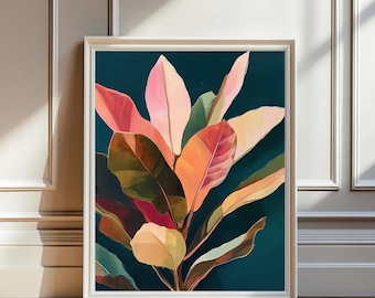 Pobierz cyfrowo Nowoczesna botaniczna sztuka liści do druku Granatowy kwiatowy abstrakcyjny sztuka ścienna roślin Neutralny wystrój akwarelowy Boho natura sztuka ścienna