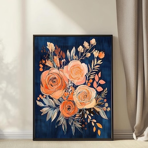 Download digitale Arte moderna Boho Pianta Blu navy Neutro Astratto Floreale Rose e fiori di campo Arte murale stampabile Botanico Fiore Arancione caldo