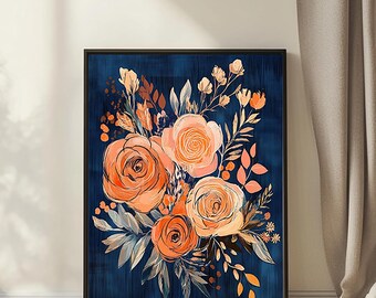 Digital Download Modern Art Boho Plant Navy Neutral Abstract Floral Roses and Wildflowers Printable Wall Art Botanical Flower Warm Orange