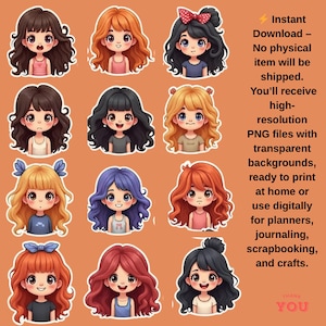 12 Cute Cartoon Girl Stickers – Aesthetic Vinyl Stickers for Laptop, Journal, Scrapbook & Crafts