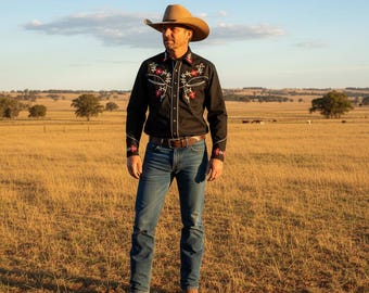 Men's Black Western Shirt, Floral Embroidered Cowboy, Fitted Rodeo Wear