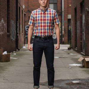 May include: A person wearing a short-sleeved plaid shirt in red, yellow, and blue, paired with dark blue jeans and brown leather loafers. The outfit includes a black belt. The person is standing in an alley.