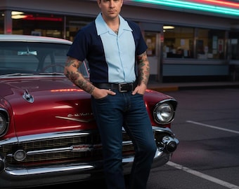 Vintage Style Navy Bowling Shirt | Men's Retro Rockabilly Short Sleeve Button Up
