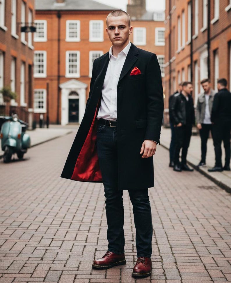 60s Mod Cromby Overcoat – Slim Fit Wool Blend, Red Satin Lining