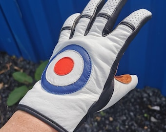Italian Leather Scooter Gloves: White MOD Target, All Weather