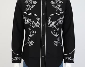 Vintage 80s Black Green Western Cowboy Shirt With Pearl Snap Vintage 80s Black Green Western Cowboy Shirt With Pearl Snap