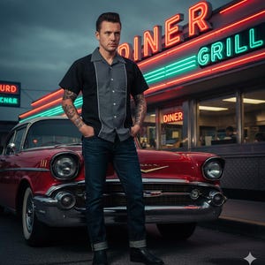 Puede incluir: Un hombre con una camisa abotonada negra y gris y vaqueros azul oscuro está de pie frente a un coche rojo clásico. El fondo presenta un restaurante con letreros de neón que dicen "DINER GRILL". La estética general es retro y vintage.