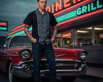 Vintage houtskool bowlingshirt | Retro rockabilly herenshirt met korte mouwen, button-up