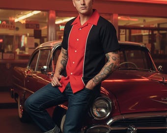 Vintage rood en zwart bowlingshirt | Retro rockabilly herenshirt met korte mouwen, button-up