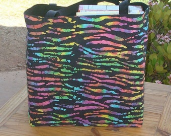 Multicolored Zebra Stripes on Black Batik Print Reusable Shopping Tote Bag
