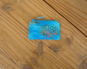 Zippered Pouch in a Seashell on Turquoise Batik Print - Credit Card Size