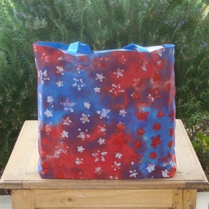 Red White and Blue Star Batik Print Reusable Shopping Tote Bag image 1